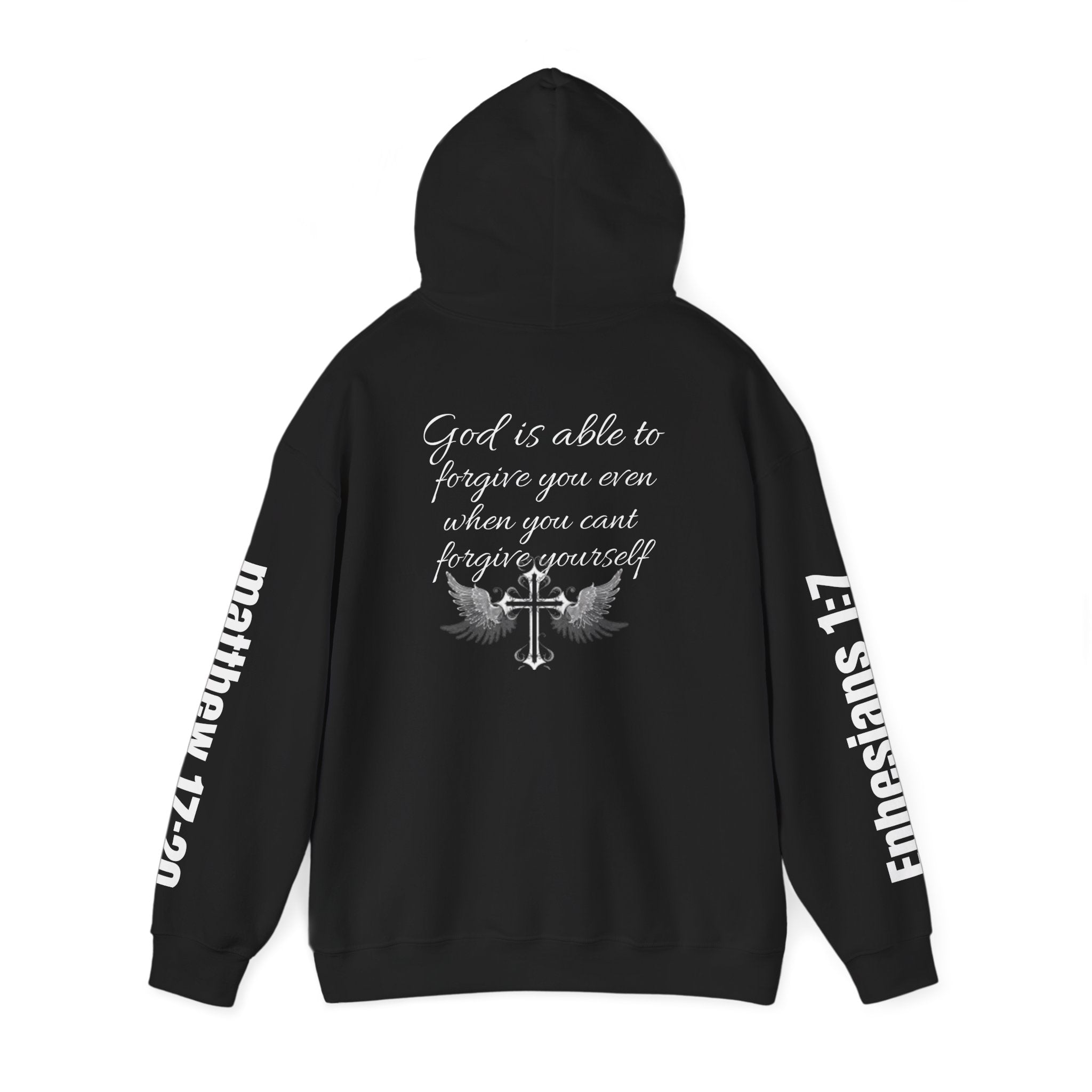Christian Cross Hoodie — "God is able to forgive you even when you can't forgive yourself" (Matthew 17:20)
