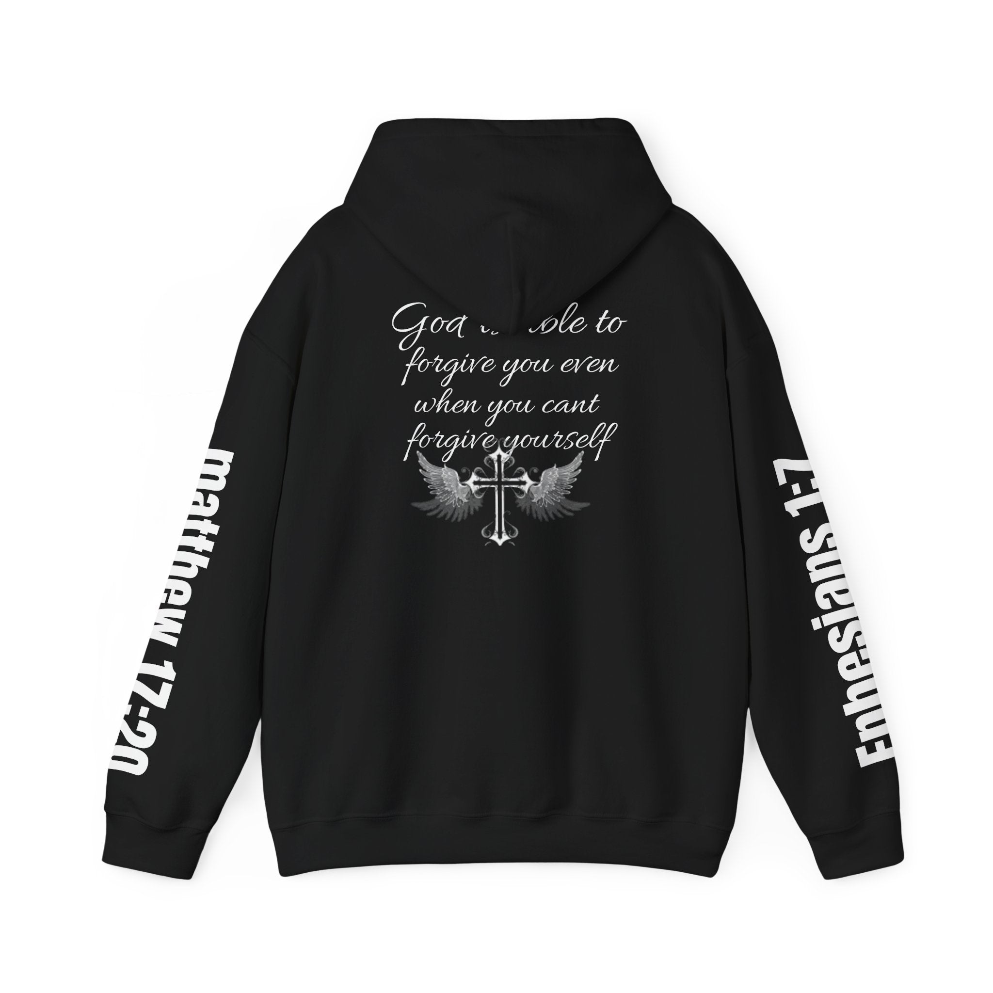 Christian Cross Hoodie — "God is able to forgive you even when you can't forgive yourself" (Matthew 17:20)