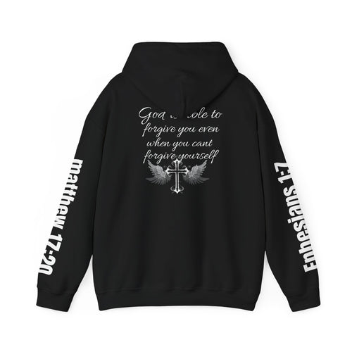 Christian Cross Hoodie — "God is able to forgive you even when you can't forgive yourself" (Matthew 17:20)